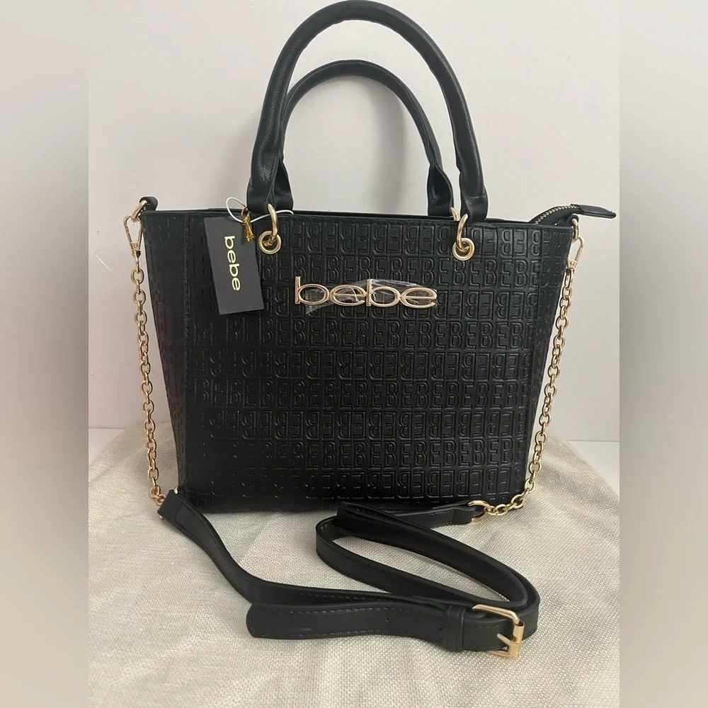 Bebe Celia Embossed Logo Satchel in Black (NWT)